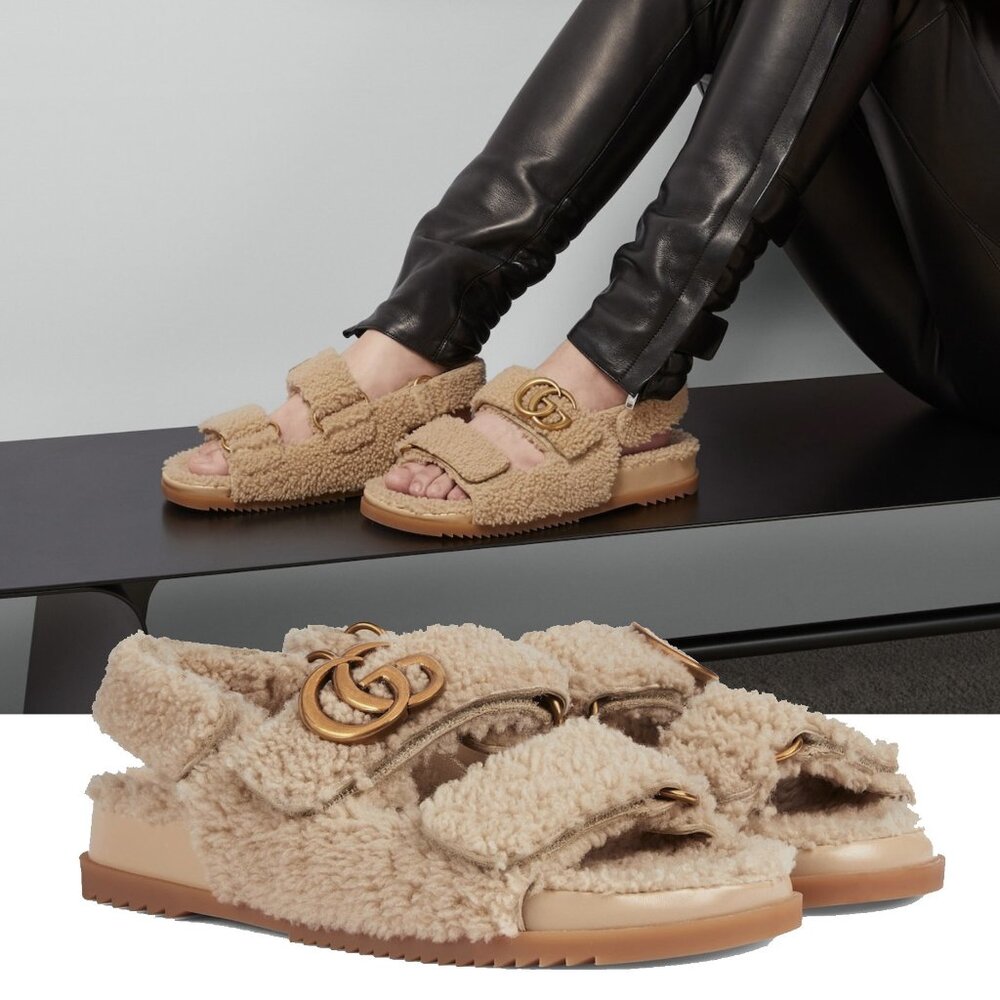 GUCCI SHOES DOUBLE G LOGO BEIGE MERINO WOOL SANDALS w STRAPS sz 38 8 US